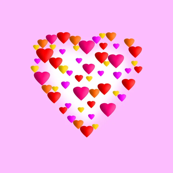 Decorative hearts of different sizes and colors on a pink background. Valentine\'s Day Greeting Card