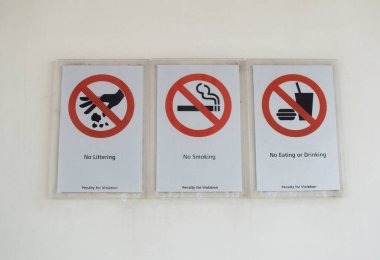 Sembol, işaret, çöp yok, sigara yok, yemek yok.