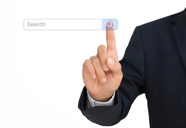 A businessman searching for information on the search toolbar on a computer screen