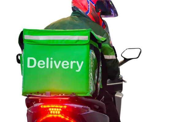 Voltar Entrega Alimentos Motorista Caixa Comida Verde Conceito Motocicleta Ordenação — Fotografia de Stock