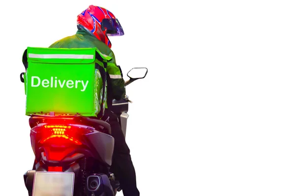 Motorcycle Driver Oferece Entrega Alimentos Fundo Branco Com Área Escrita — Fotografia de Stock