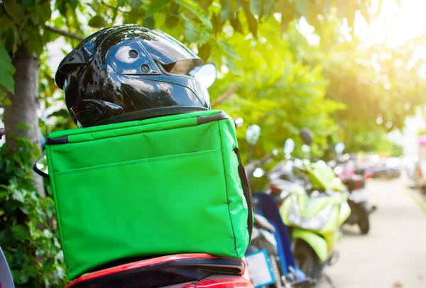 Grabfood Green Bag Helmet Food Delivery Man Motorcycle Online Food — стоковое фото