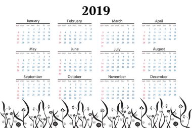 2019 takvim siyah çiçek bush vektör görüntü illüstrasyon