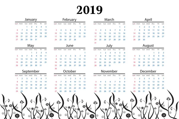 2019 takvim siyah çiçek bush vektör görüntü illüstrasyon