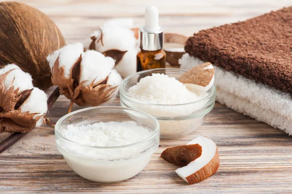 Natural hair treatment with coconut butter. Spa set with homemade mask