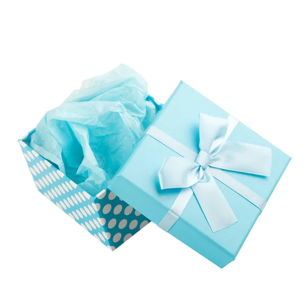 Blue Gift Box Ribbon White Wooden Background Father Day Concept — Stock Photo, Image