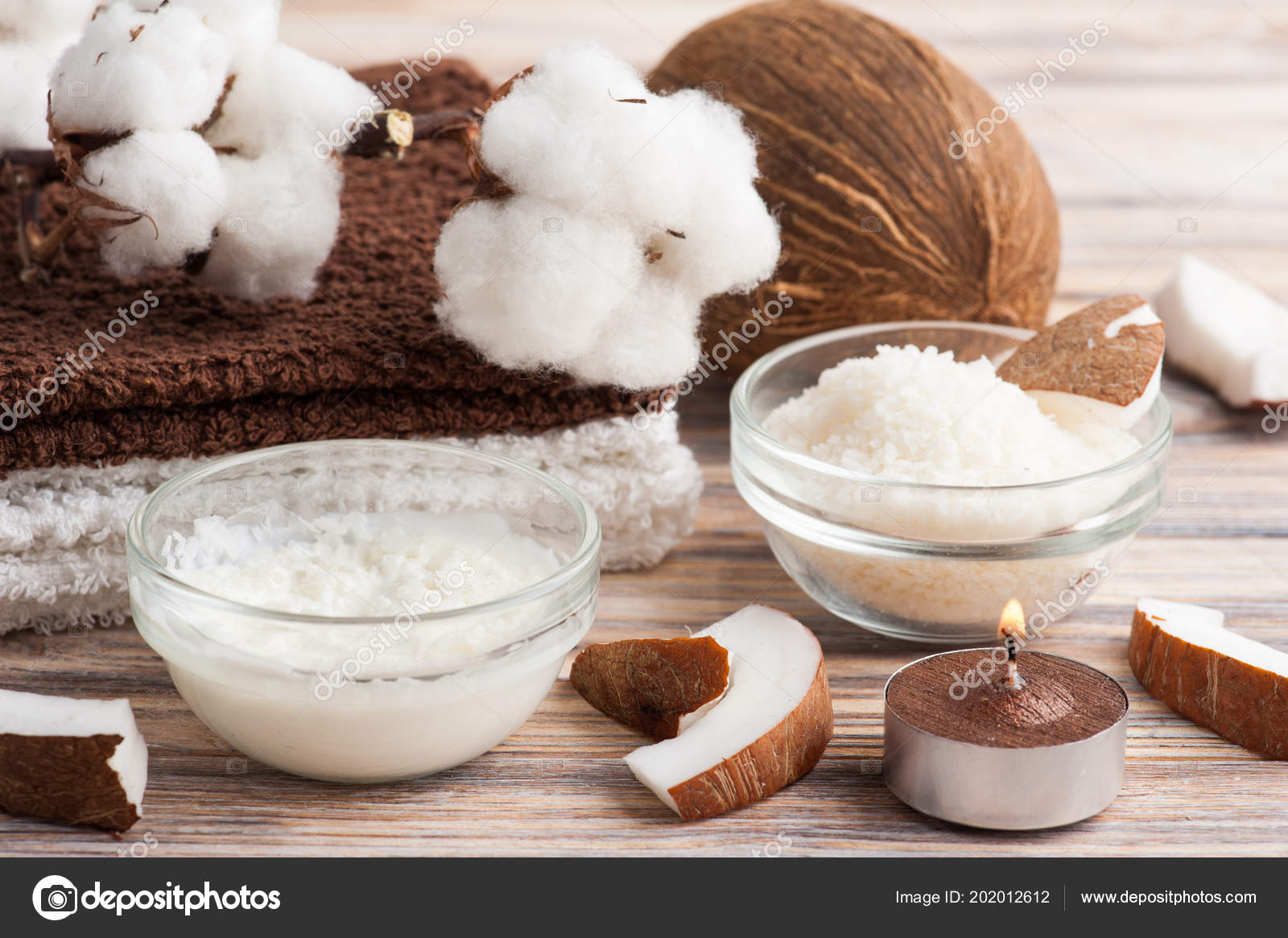 Natural Hair Treatment Coconut Oil Spa Set Hairbrush Stock Photo