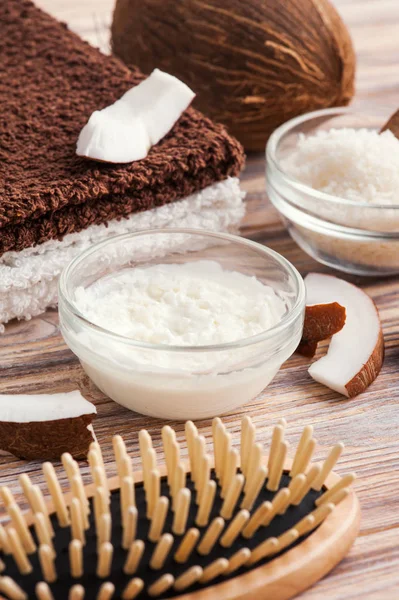 Tratamiento Natural Del Cabello Con Aceite Coco Set Spa Con — Foto de Stock