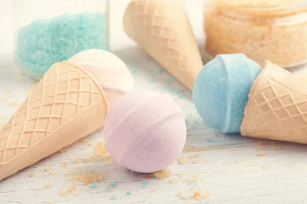 Spa Background Bath Bombs Waffle Cones Aromatherapy Salt — Stock Photo, Image