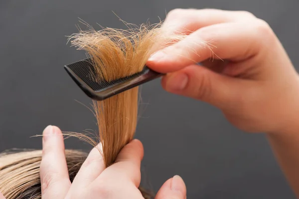Combing blond hair with brush, closeup