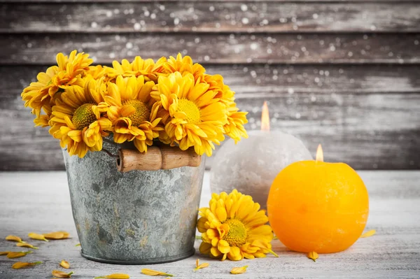 Primo Piano Crisantemo Giallo Dorato Vaso Latta Fondo Ligneo Copia — Foto Stock