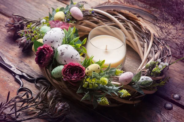 Easter Diy Wreath Eggs Flowers Aroma Candle Composition Rustic Wooden — Stock Photo, Image