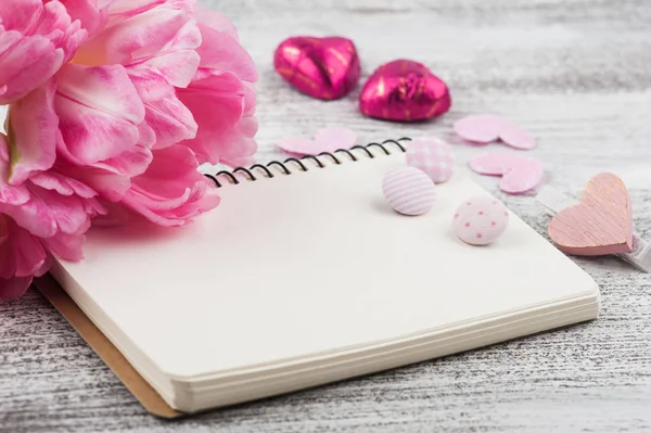 Fresh Pink Tulip Flowers Empty Notebook Rustik Wooden Background — Stock Photo, Image