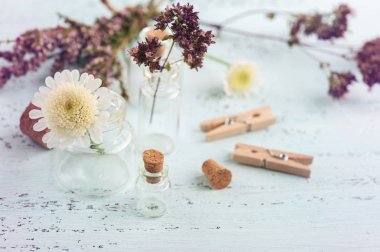 Kuru otlar, çiçekler küçük şişelerde