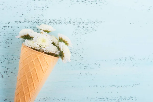 flowers in ice cream cone on blue
