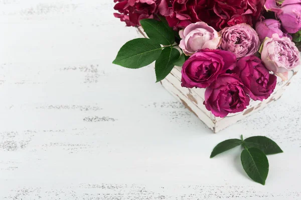 Czerwone kwiaty hortensji i różowe róże — Zdjęcie stockowe