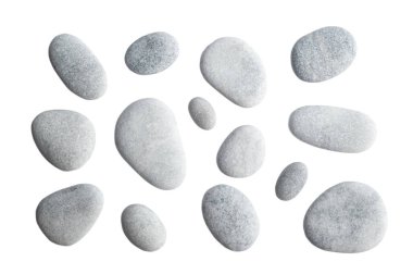 Grey pebbles isolated on white background.  Top view of sea stone clipart