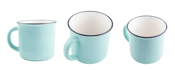Blue Empty Enamel Mug Views Side Front Top Isolated White — Stock Photo, Image