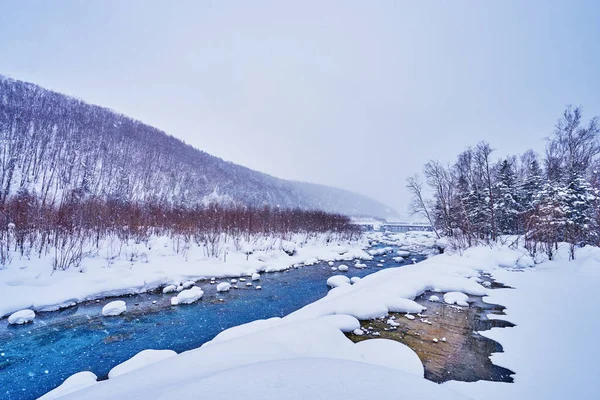Güzel manzara kış manzara Biei Nehri yakınındaki Shirogane mavi su birikintisi Biei şehir, Hokkaido, Japonya.