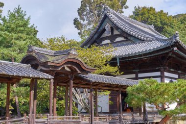 Kyoto, Japan - November 9, 2016: Beautiful historic hall at front gate of Kodaiji temple. A Serene setting with a buddhist temple with seasonal light festivals in Kyoto, Japan.