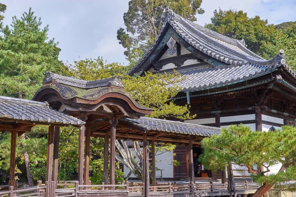 Kyoto, Japan - November 9, 2016: Beautiful historic hall at front gate of Kodaiji temple. A Serene setting with a buddhist temple with seasonal light festivals in Kyoto, Japan.
