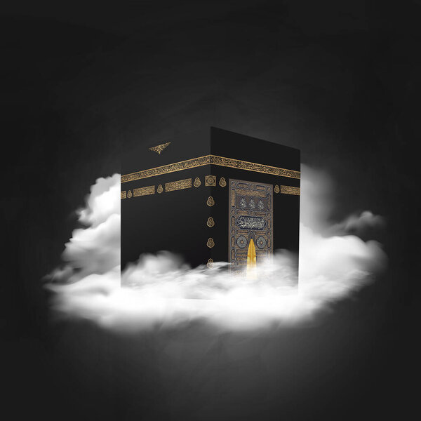 Kaaba vector for hajj in Eid Al Adha Mubarak, Islamic background on dark sky and clouds
