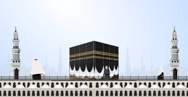 Gran Mezquita Meca Con Gente Caminando Por Techo Alrededor Kaaba — Vector de stock