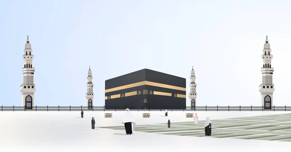 Aïd Adha Moubarak Carte Vœux Kaaba Vecteur Minarets Peuple Pour — Image vectorielle