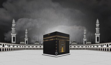  Kâbe El-Haram Camii 'nde gece, yağmur ve bulutlarla, Kurban Bayramı için Mekke Suudi Arabistan ve Arafat Günü 