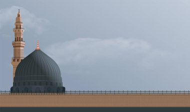 Suudi Arabistan 'daki Peygamber Camii - Yeşil Kubbe ve Arapça yazılı minare, Kurban Bayramı ya da Kabe' deki hac ibadeti anlamına gelir.