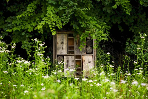Casa de insectos en el jardín. Bug hotel en el parque en el campo de flores . —  Fotos de Stock