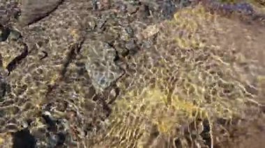 Yerdeki çakıl taşıyla birlikte suyun üzerindeki güneş ışığının yansıması. Temiz su yüzeyi, hareket eden altın yansıtan güneş ışığıyla..