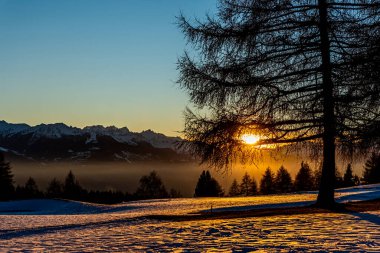 Kışın gün batımı. Kopya alanı olan kar, sis ve ağaçların manzarası.