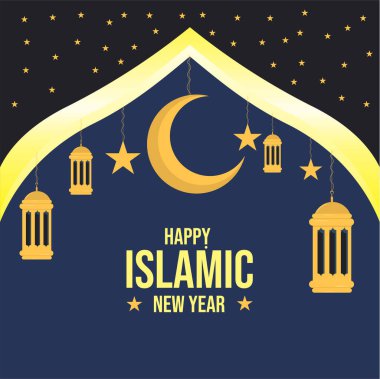 Mutlu İslami Yıl Ay, yıldızlar ve altın fenerlerden oluşur.