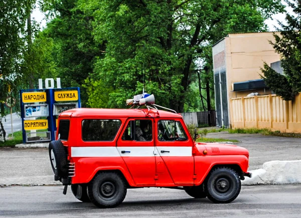 Véhicule Service Incendie Devant Caserne Pompiers Dans Village Chornobyl Dans — Photo