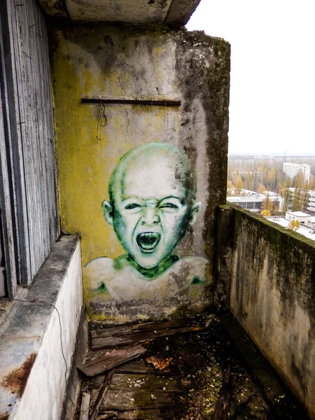 Graffiti Balcony Abandoned City Pripyat Chernobyl Area Ukraine — Stock Photo, Image