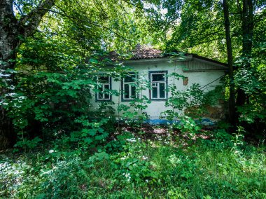 Eski Sovyetler Birliği 'nin eski bir parçası olan Ukrayna' nın Çernobil bölgesinde hala çalışan Chornobyl köyünün terk edilmiş bir parçası..