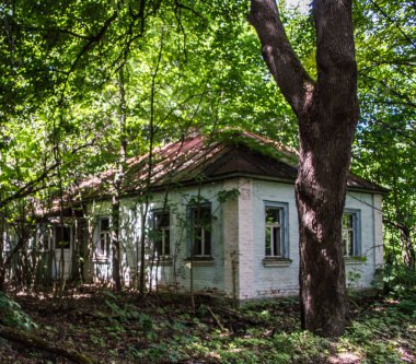 SSCB 'nin eski bir parçası olan Ukrayna' da patlayan Çernobil nükleer santraline yakın terk edilmiş ve son derece kısıtlı ve radyoaktif bölgede boş bir ev..