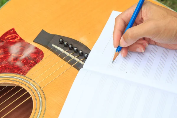 Composer Write Note Song Use Acoustic Guitar Play — Stock Photo, Image