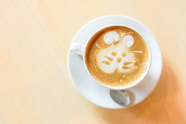 Hot Cappuccino Coffee Cute Cream Rabbit Pattern Table — Stock Photo, Image