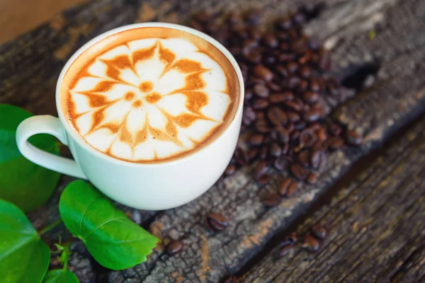 Hot Cappuccino Wood Table Hot Cappuccino Coffee Bean Green Leaf — Stock Photo, Image