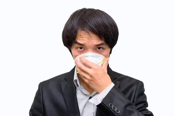 Hombre Asiático Usar Máscara Higiénica Para Proteger Pm2 Polvo Sobre — Foto de Stock
