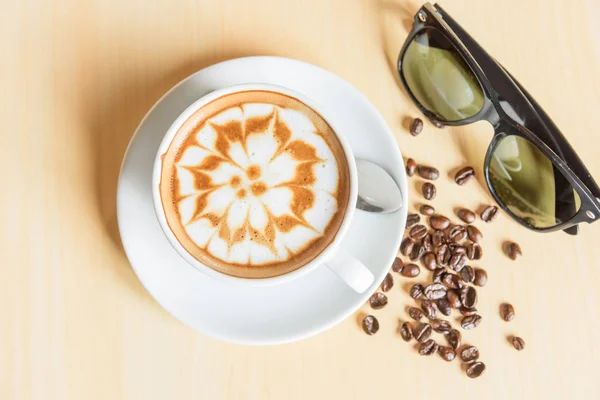 Top View Hot Cappuccino Nice Milk Pattern Sunglasses — Stock Photo, Image