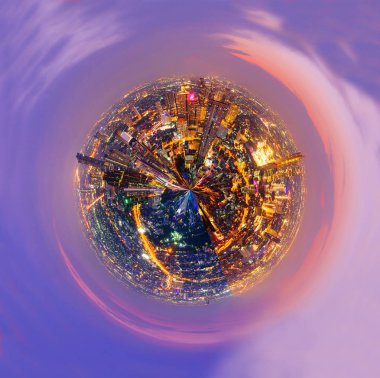 Gün batımı süre şehirde 360 panorama yüksek görünümü / Daire şehir panoraması