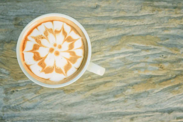 Hot Cappuccino Coffee Nice Pattern Foam Wood Table — Stock Photo, Image