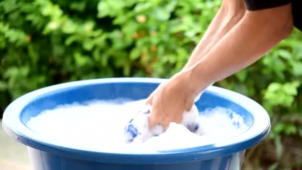 Hand Washing Clothes Blue Basin — Stock Video