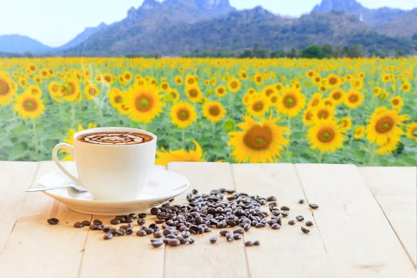 hot coffee with sunflower field on background