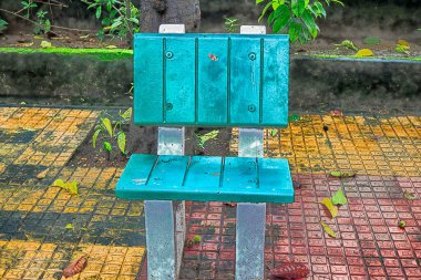 Tek bir kişi için parka yerleştirilmiş mavi bir sandalye.