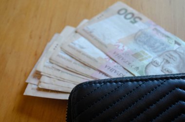 Cüzdanında para var. Hryvnia. Ukrayna 'nın banknotları. Finans, iş, kriz.