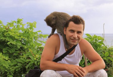 Macak maymunu Uluwatu Tapınağı, Bali, Endonezya 'daki turistlerden mücevher çalıyor.